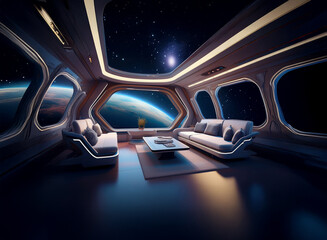 Poster - A futuristic living room with large windows overlooking a distant planet and a view of the starry night sky.