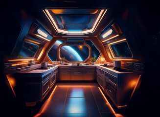Poster - A futuristic kitchen with large windows looking out onto a distant planet.