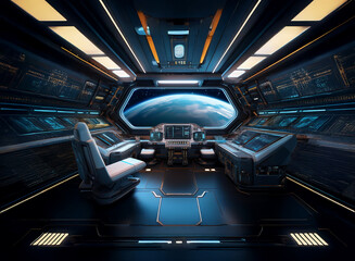 Poster - A futuristic spaceship cockpit with a large window overlooking a blue planet.