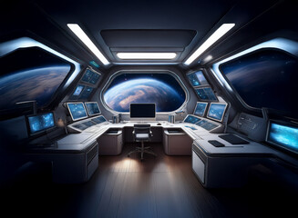 Poster - The interior of a spaceship bridge features a large window overlooking a distant planet, surrounded by control panels, screens, and a chair.