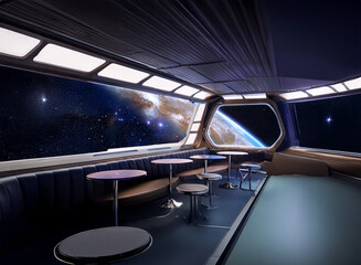 Poster - A futuristic spaceship interior with large windows overlooking a view of Earth and stars.