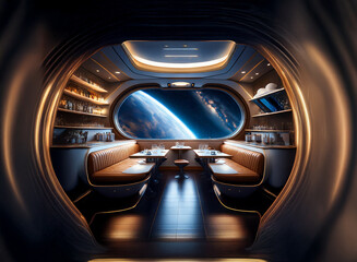 Poster - A futuristic dining area with large windows overlooking a distant planet.