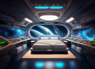 Poster - A futuristic bedroom inside a spaceship with a large window overlooking a galaxy.