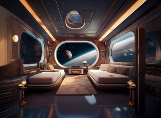 Poster - A futuristic spaceship cabin with large windows overlooking a view of space with planets and stars.