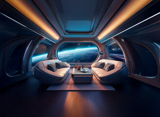 Poster - An interior view of a futuristic spacecraft with large windows showcasing a view of Earth from space.