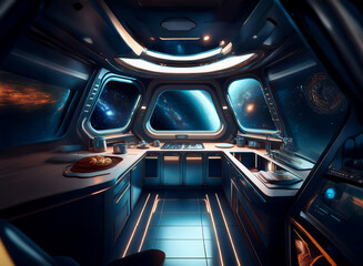 Poster - A futuristic kitchen with large windows looking out at a vast and colorful nebula.
