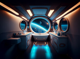 Poster - A futuristic bathroom with a large window overlooking a view of a planet and stars.