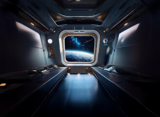 Poster - A futuristic spaceship interior with a large window overlooking Earth and a starry sky.