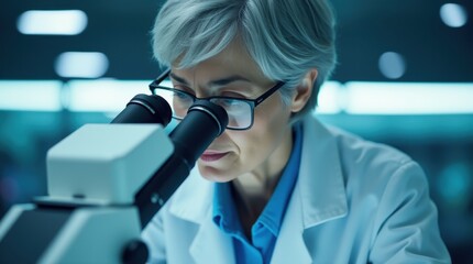 a woman in a lab coat looking through a microscope