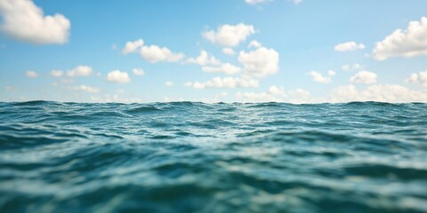 Wall Mural - A serene view of calm ocean waters under a clear blue sky with fluffy clouds.