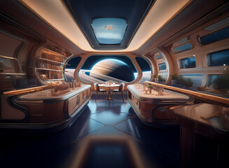 Poster - A futuristic spaceship interior with large windows looking out to a view of Saturn with its rings.