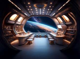 Poster - A futuristic space bar with large windows overlooking a blue and green planet with a nebula in the background.