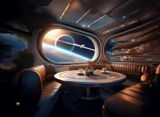 Poster - A futuristic spaceship dining room with large windows overlooking a ringed planet and a distant spaceship.