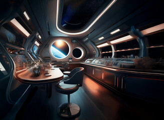 Poster - A futuristic spaceship interior with a large window overlooking Earth.