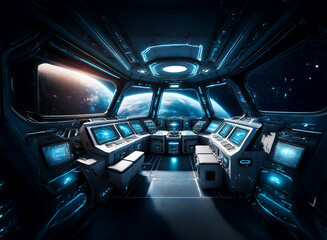 Poster - A futuristic spaceship cockpit with a view of a distant planet and the vast expanse of space beyond.