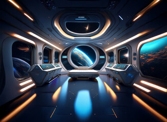 Poster - A futuristic spaceship interior with large windows overlooking a distant planet and a starry sky.