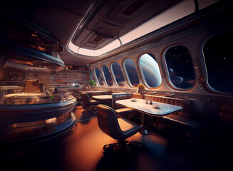 Poster - A futuristic diner with a bar and tables is positioned near large oval windows that show a planet and stars.