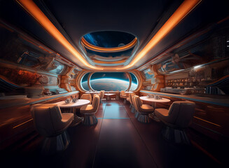 Poster - A futuristic dining room inside a spacecraft, with a large window offering a view of a planet and stars.