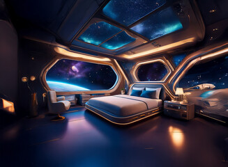 Poster - A futuristic bedroom with large windows overlooking a vast expanse of stars and a planet.