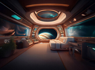 Poster - A futuristic spaceship interior with large windows showcasing a view of a planet and nebulae.