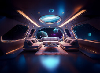 Poster - The interior of a spaceship with large windows showing a view of space with planets, stars and a nebula.
