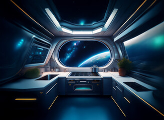 Poster - A spaceship kitchen with a large window looking out at a planet, stars and a nebula.