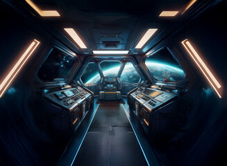 Poster - A futuristic spacecraft interior with a view of a distant planet and stars.