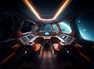 Poster - A futuristic spaceship cockpit with a view of Earth through a large window.