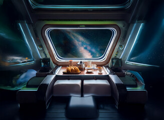 Poster - A futuristic spaceship interior with a large window showcasing a starry night sky, a table set for two with breakfast, and comfortable seating.