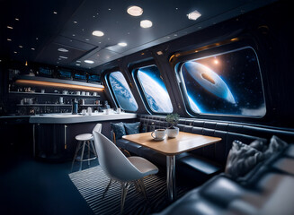 Poster - A futuristic kitchen with large windows overlooking a distant planet.  The room has sleek, modern furniture and a cozy seating area.