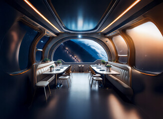 Poster - A futuristic dining area with large oval windows overlooking a distant Earth.