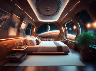 Aufkleber - A futuristic bedroom with large windows overlooking a vibrant space scene.