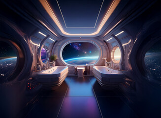 Poster - A futuristic bathroom with two bathtubs and a large window overlooking the earth from space.