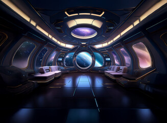 Poster - The interior of a spaceship features a large viewport overlooking a distant planet and a nebula.