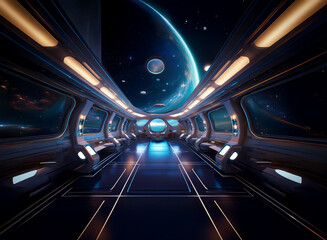 Poster - A futuristic spaceship hallway with large windows looking out into space. The windows show a view of planets, stars, and a blue ringed gas giant.