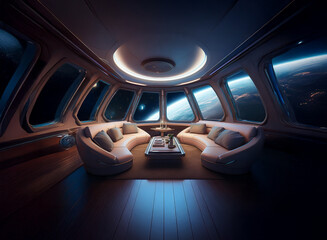 Poster - A futuristic spaceship lounge with large windows showcasing a view of a distant planet and the vast expanse of space.
