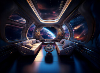 Poster - A futuristic spaceship interior with large windows showcasing a view of Earth and a nebula in the vastness of space.