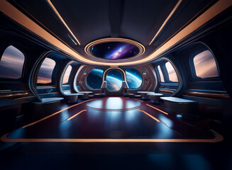 Poster - An interior view of a futuristic spaceship with large windows showcasing a view of the Earth and the Milky Way.