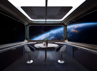 Poster - A futuristic dining space aboard a spaceship with a large panoramic window overlooking Earth and a table set for two.