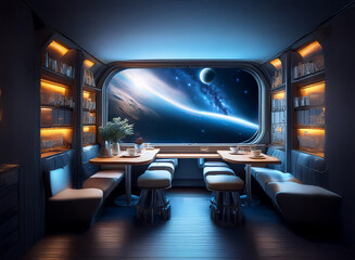 Poster - A futuristic dining area with large windows looking out into space with a planet, moon, and stars in the background.