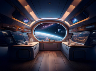 Poster - A futuristic spaceship interior with a large window overlooking a planet, stars, and a nebula in space.