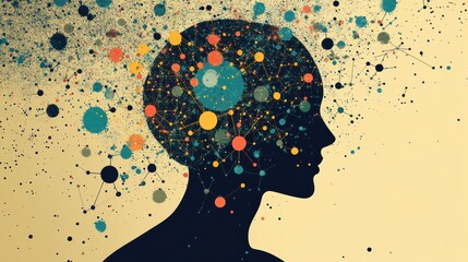 Poster - A human silhouette displays a vibrant array of molecules and diagrams, representing the interconnectedness of scientific knowledge and thought. Generative AI