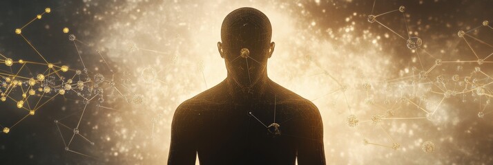 Poster - a human silhouette stands against a glowing background filled with molecular structures and diagrams