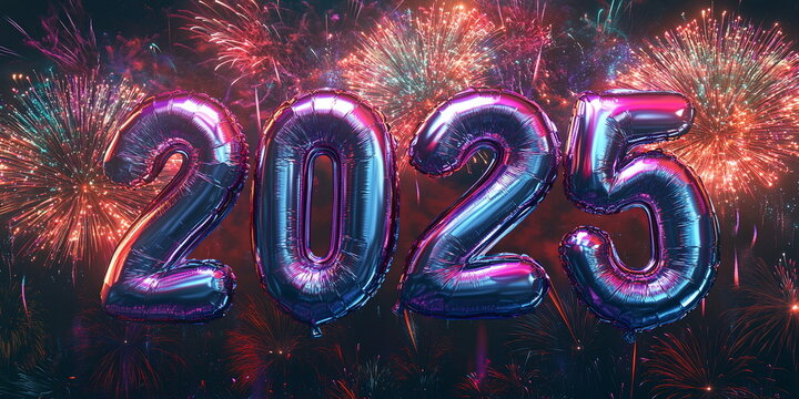 Numbers 2025 made out of chrome helium balloons, on a colorful fireworks display background lighting up the night sky Christmas and New Year wide horizontal banner