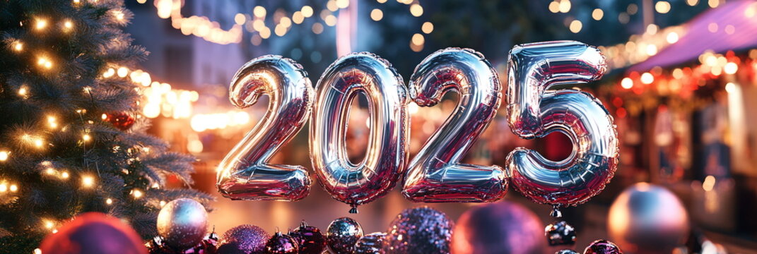 Numbers 2025 made out of chrome helium balloons, on a festive outdoor market background filled with lights and holiday decorations Christmas and New Year wide horizontal banner