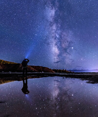 Wall Mural - Man Standing in a mud puddle with the milky way reflecting perfectly on a cold night in the rocky mountains of Colorado