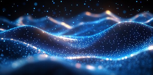 Poster - Modern illustration of a futuristic horizontal digital environment with particles floating from the ground to a wireframe wave shape. Concept of digital communication innovation. Modern illustration.