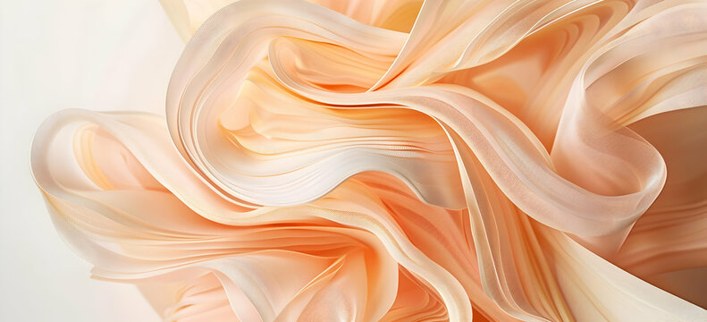 A close-up of an abstract, organic structure made from interwoven strips of paper, rendered in a soft peach color with subtle gradients.