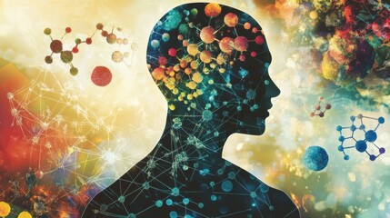 Poster - A human silhouette is surrounded by vibrant molecules and intricate diagrams, symbolizing the intersection of science and the human mind. Generative AI
