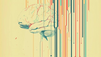 Poster - abstract brain illustration, technology background with colorful lines and patterns, creative concept showcasing the intersection of neuroscience and digital art